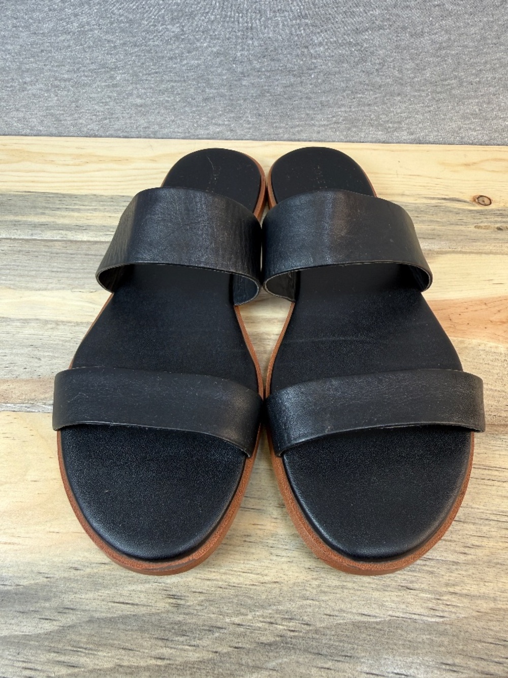 Cole Hahn Two Strap Black Sandals Slip On Flats Leather Rubber Sole Size 9.5 B